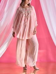 Light Pink Wrinkle Crepe Embroidered Asymmetric Top and Pant Set