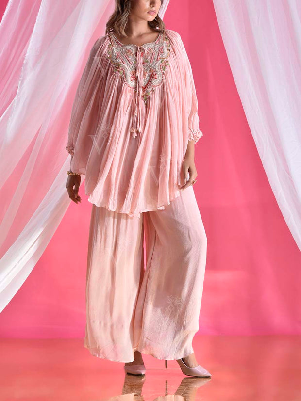 Light Pink Wrinkle Crepe Embroidered Asymmetric Top and Pant Set