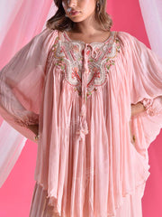 Light Pink Wrinkle Crepe Embroidered Asymmetric Top and Pant Set