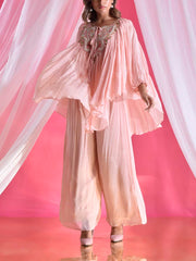 Light Pink Wrinkle Crepe Embroidered Asymmetric Top and Pant Set