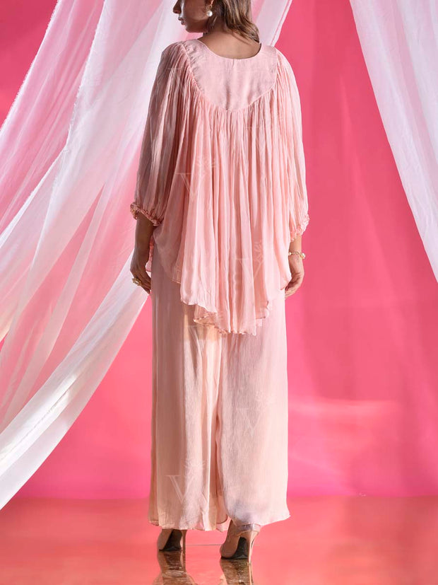 Light Pink Wrinkle Crepe Embroidered Asymmetric Top and Pant Set