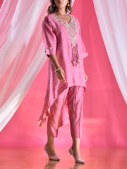 Pink Silk Asymmetric Embroidered Pant Set