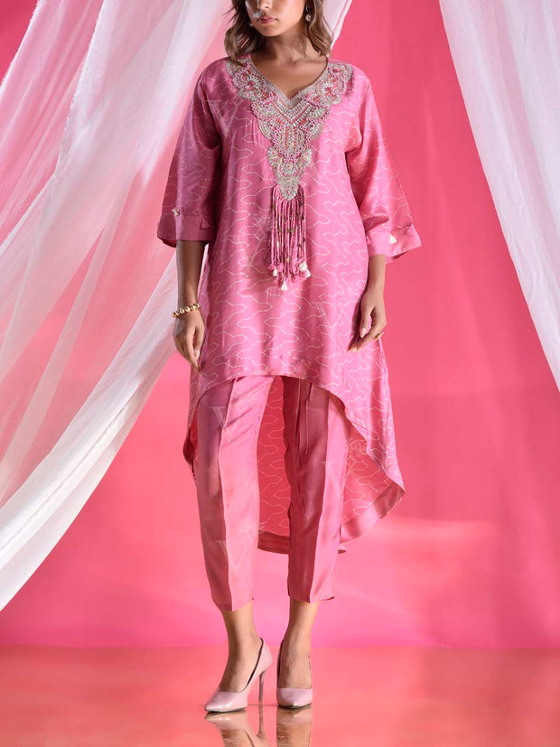 Pink Silk Asymmetric Embroidered Pant Set