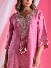 Pink Silk Asymmetric Embroidered Pant Set