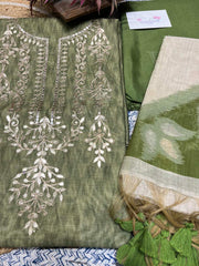 Green Embroidered Chanderi Dress Material