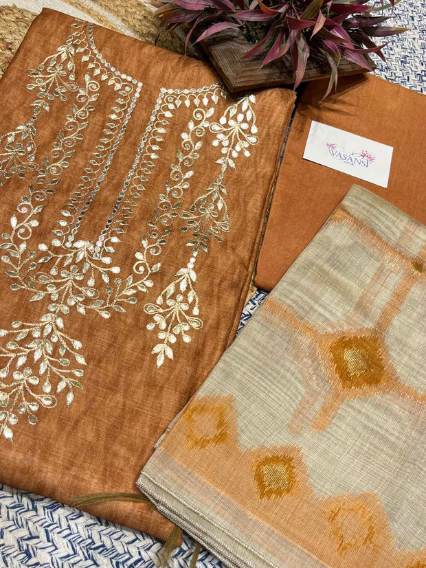 Brown Embroidered Chanderi Dress Material