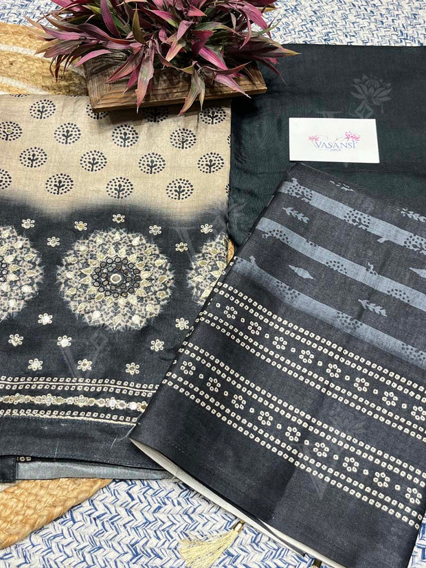 Dark Grey Tusser Embroidered Dress Material