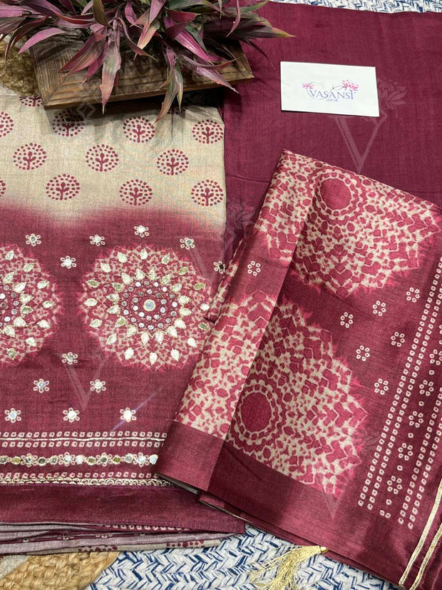 Maroon Pink Tusser Embroidered Dress Material