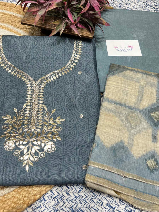 Grey Chanderi Embroidered Dress Material