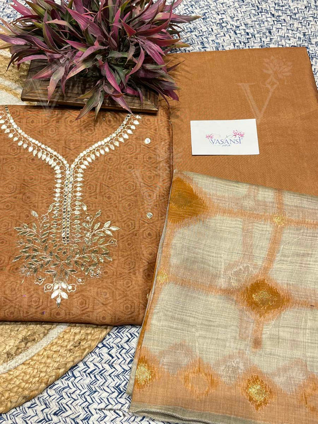 Brown Chanderi Embroidered Dress Material