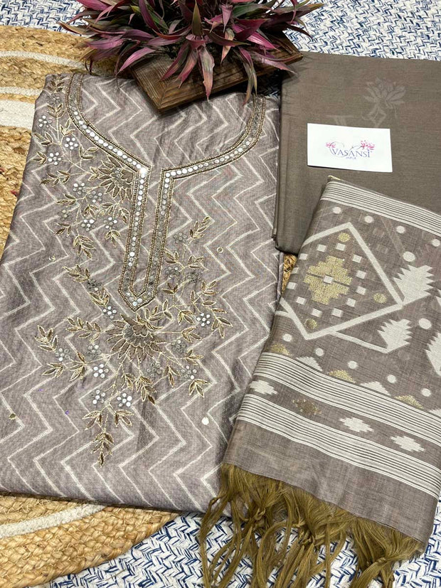 Grey Chanderi Embroidered Dress Material