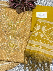 Yellow Chanderi Embroidered Dress Material