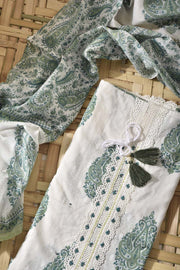 White& Green Cotton Dress Material