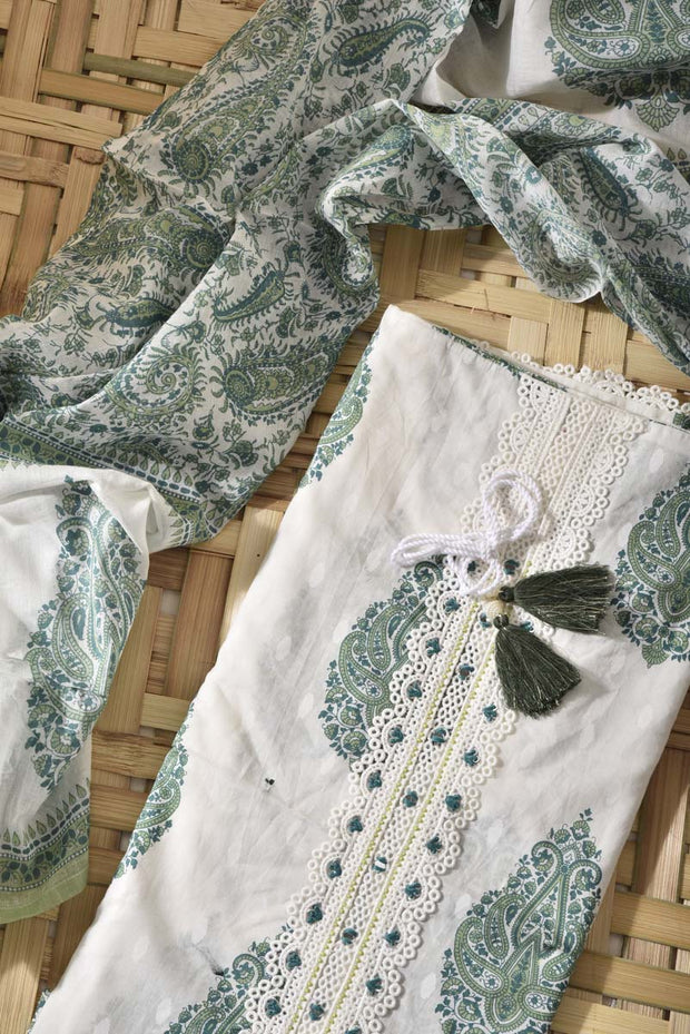 White& Green Cotton Dress Material