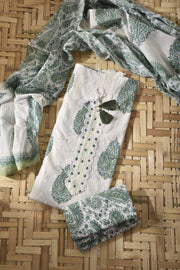 White& Green Cotton Dress Material