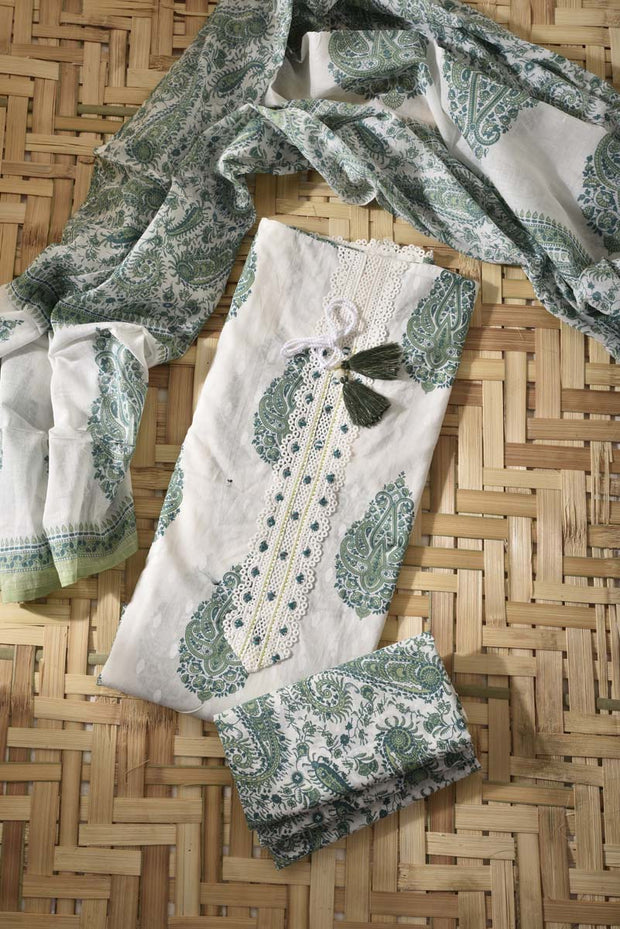 White& Green Cotton Dress Material