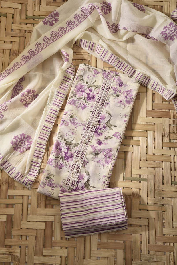 Cream & Purple Cotton Dress Material