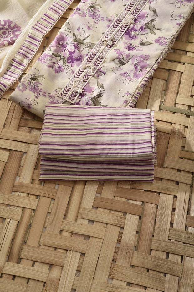 Cream & Purple Cotton Dress Material