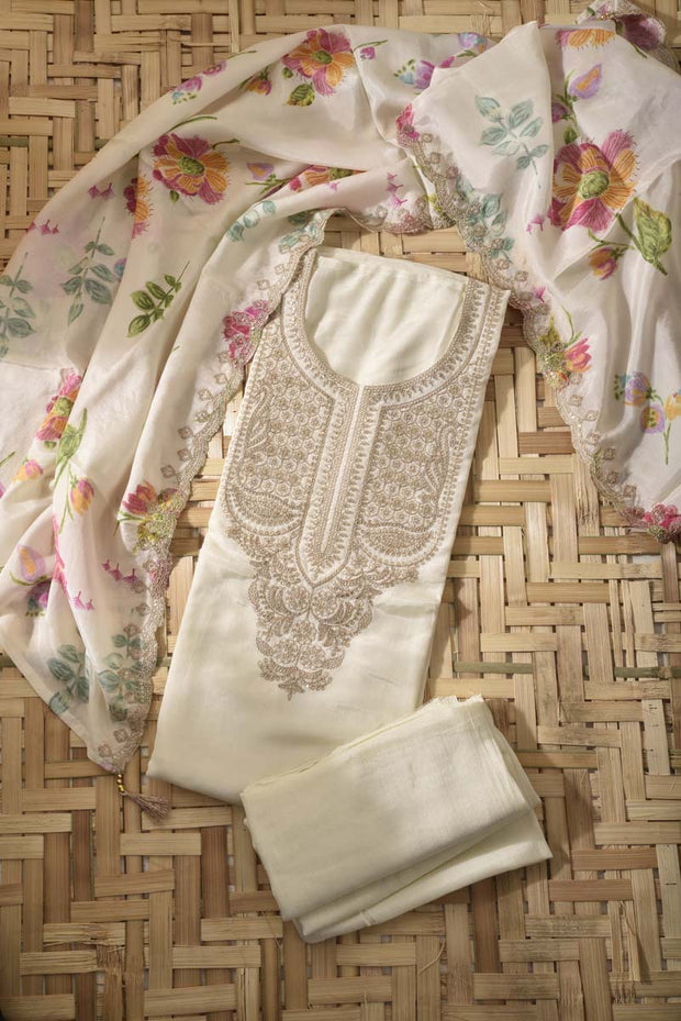 Cream Chanderi Silk Dress Material