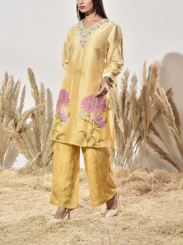 Yellow Vasansi Silk Embroidered Kurta and Pant Set