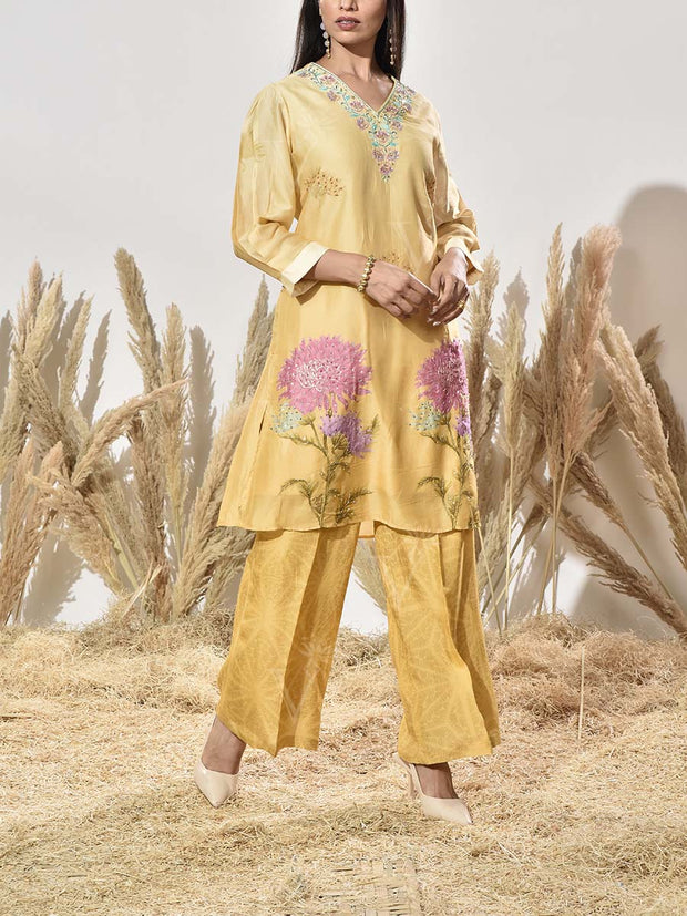 Yellow Vasansi Silk Embroidered Kurta and Pant Set