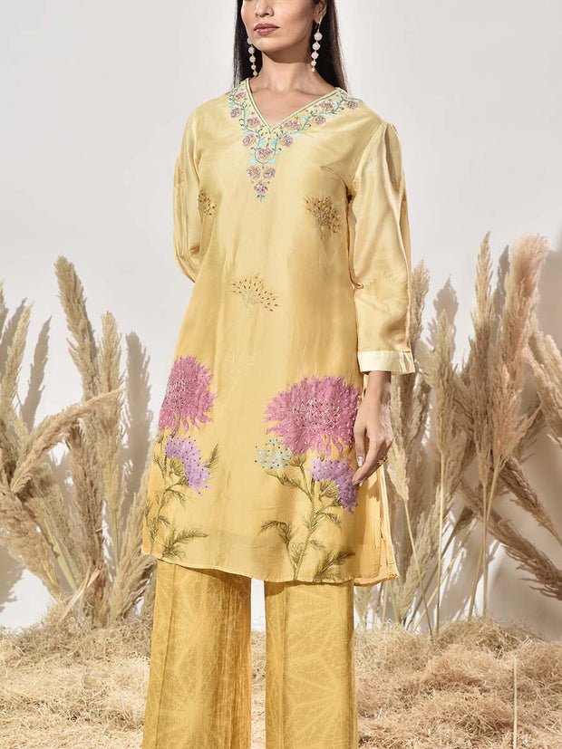 Yellow Vasansi Silk Embroidered Kurta and Pant Set