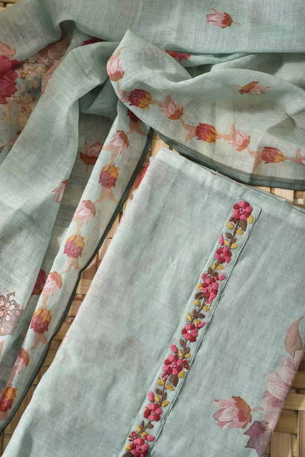 Sea Green Linen Cotton Dress Material