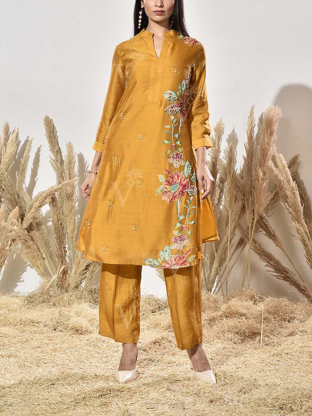 Mustard Yellow Vasansi Silk Embroidered Kurta and Pant Set