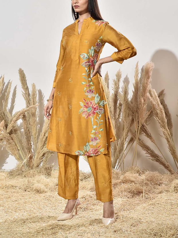 Mustard Yellow Vasansi Silk Embroidered Kurta and Pant Set