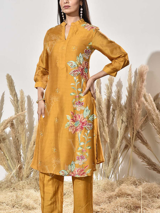 Mustard Yellow Vasansi Silk Embroidered Kurta and Pant Set