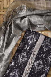 Grey Black Chanderi Cotton Dress Material