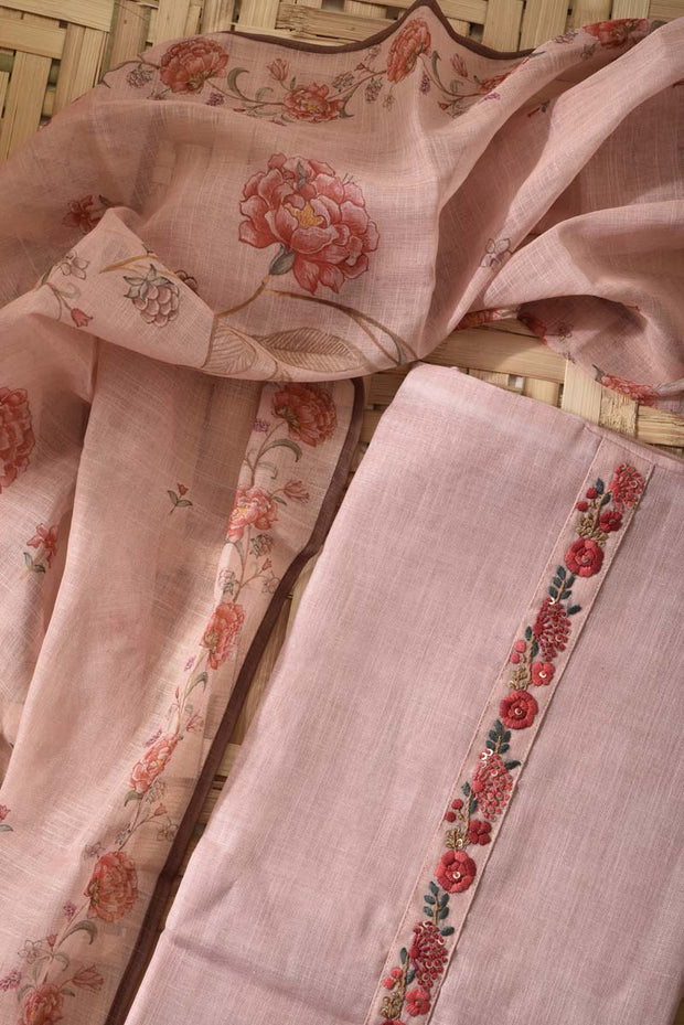 Light Peach Linen Cotton Dress Material