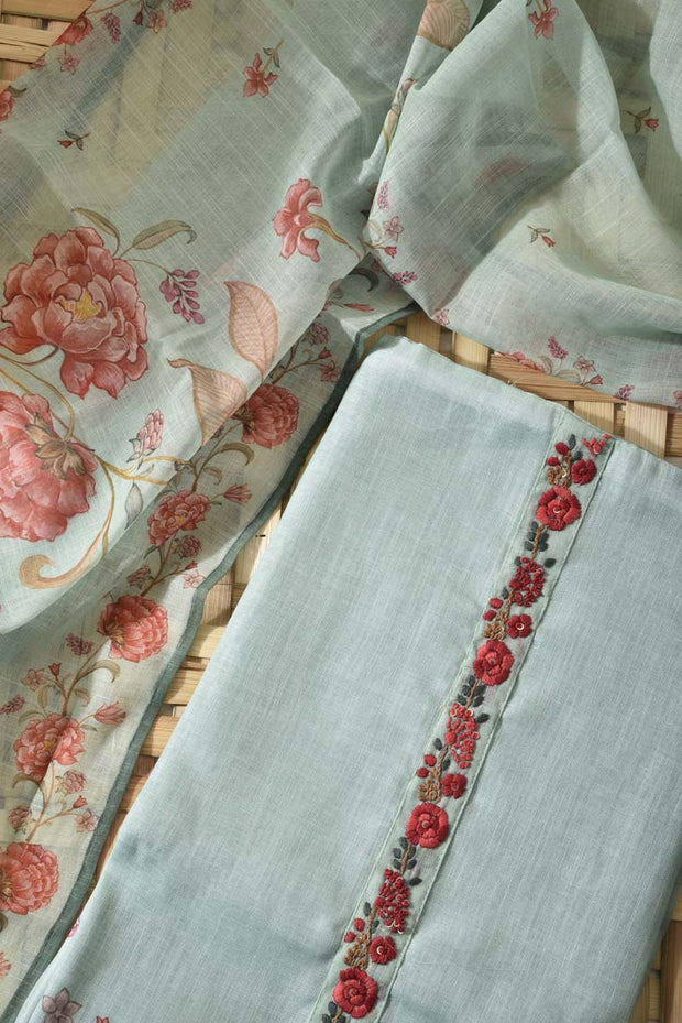 Sea Green Linen Cotton Dress Material