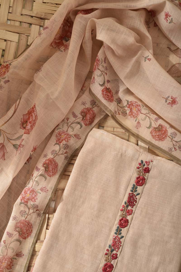 Beige Linen Cotton Dress Material