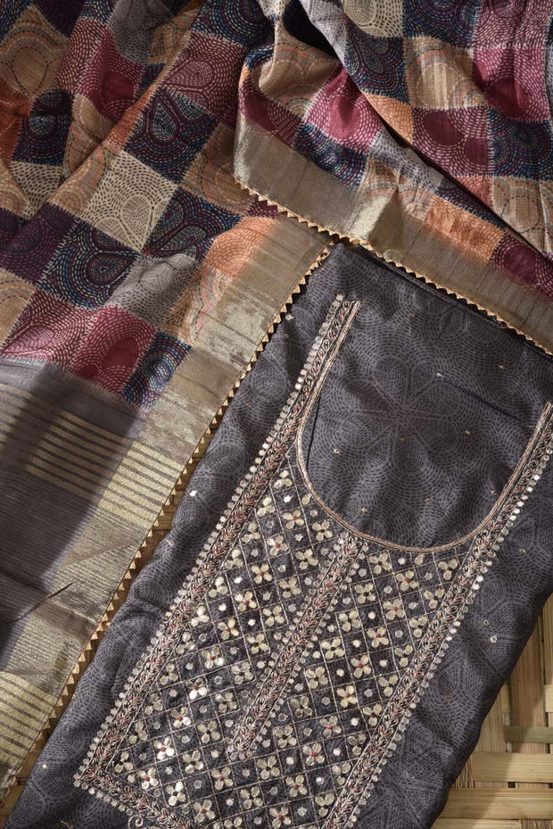 Grey Chanderi Cotton Dress Material