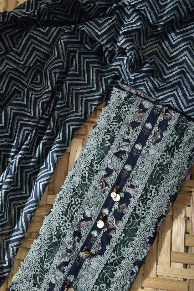 Blue & Green Cotton Dress Material