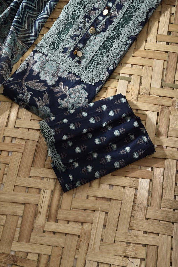 Blue & Green Cotton Dress Material