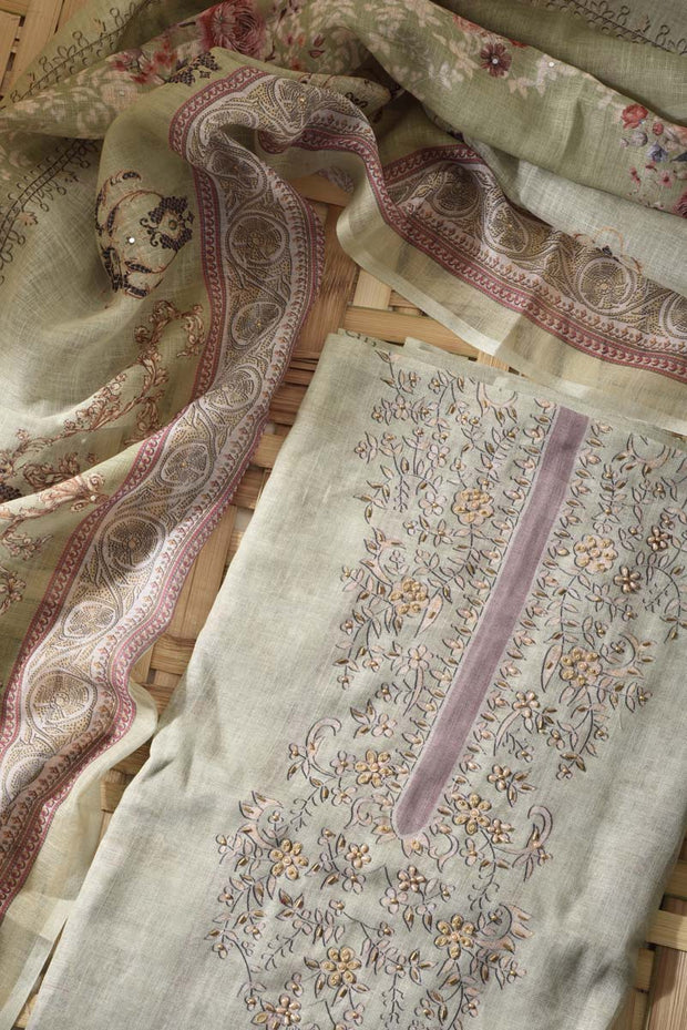 Beige Linen Cotton Dress Material