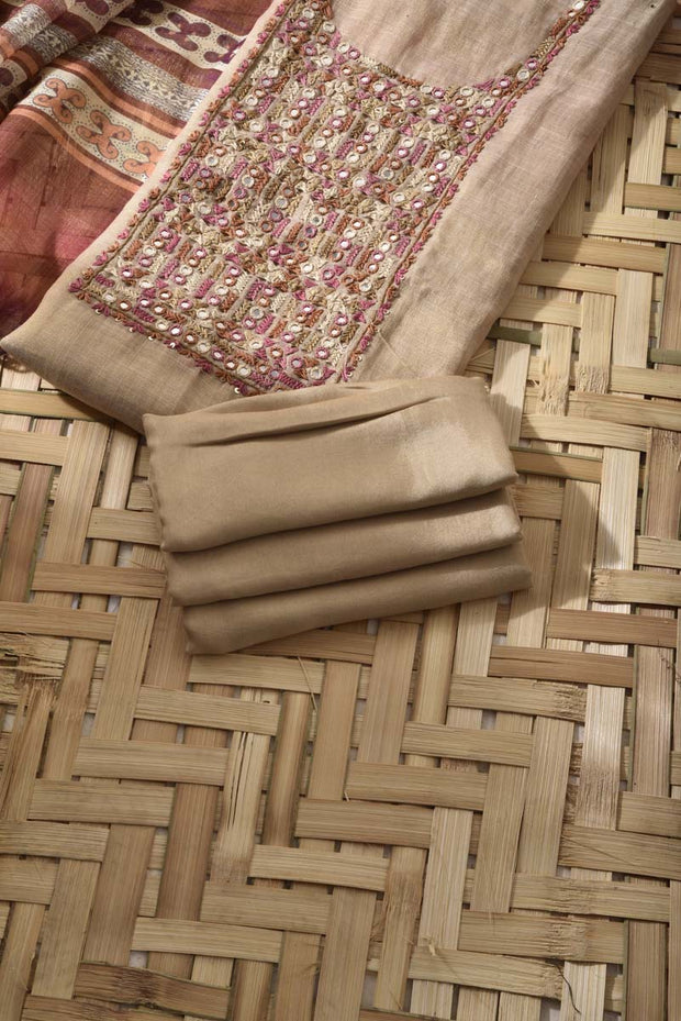 Beige Linen Cotton Dress Material