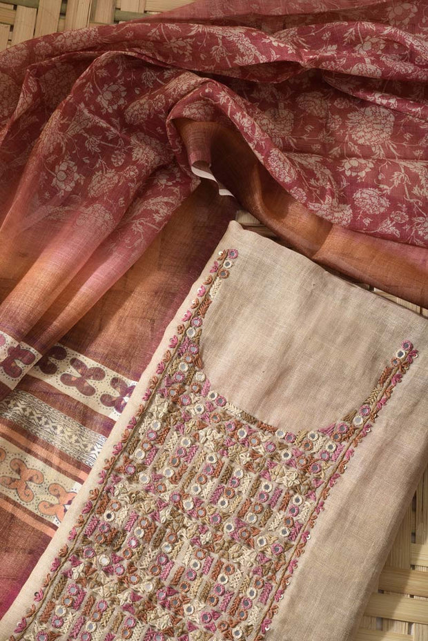Beige Linen Cotton Dress Material