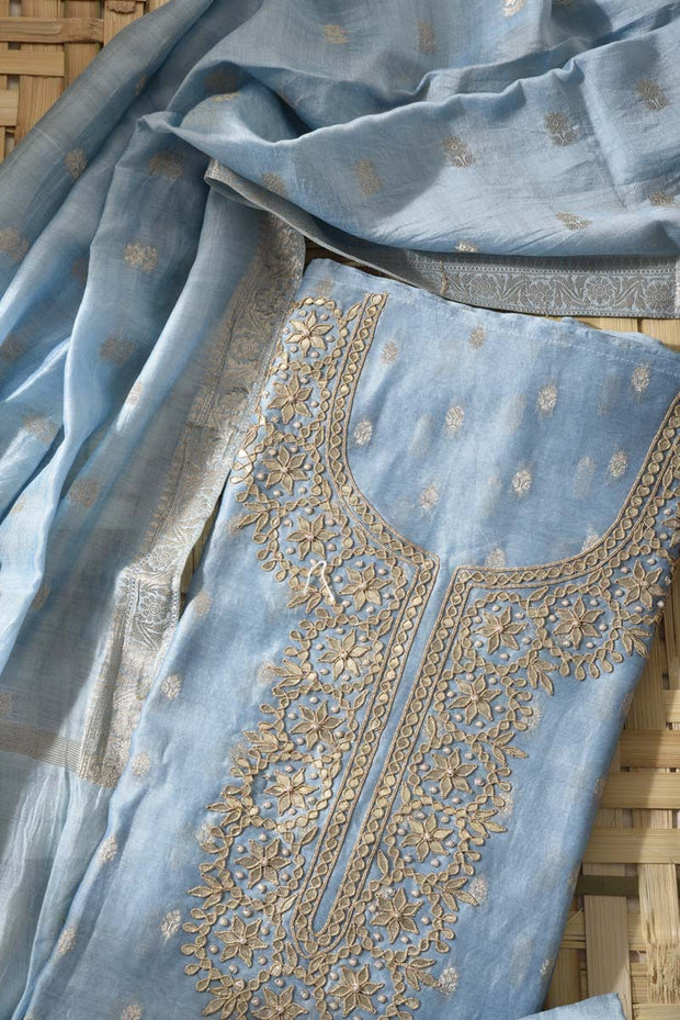 Ice Blue Chanderi Silk Dress Material