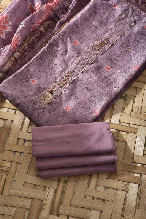 Purple Chanderi Silk Dress Material