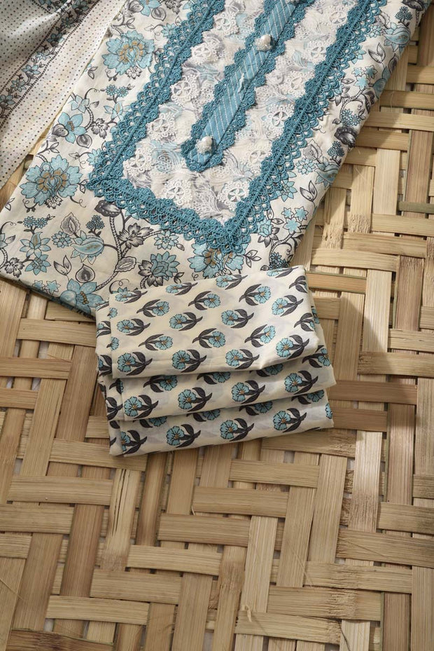 White & Green Cotton Dress Material