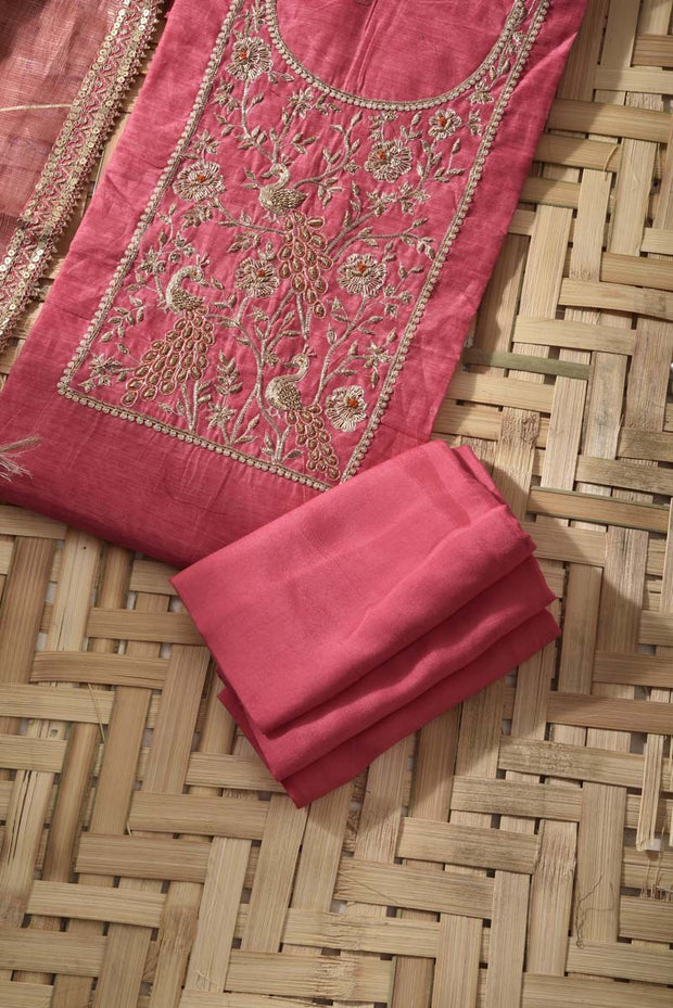 Pink Chanderi Cotton Dress Material