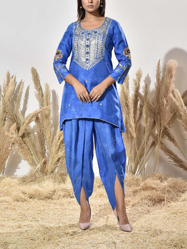 Blue Vasansi Silk Embroidered Kurta and Dhoti Pants Set