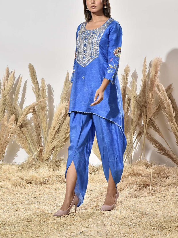 Blue Vasansi Silk Embroidered Kurta and Dhoti Pants Set