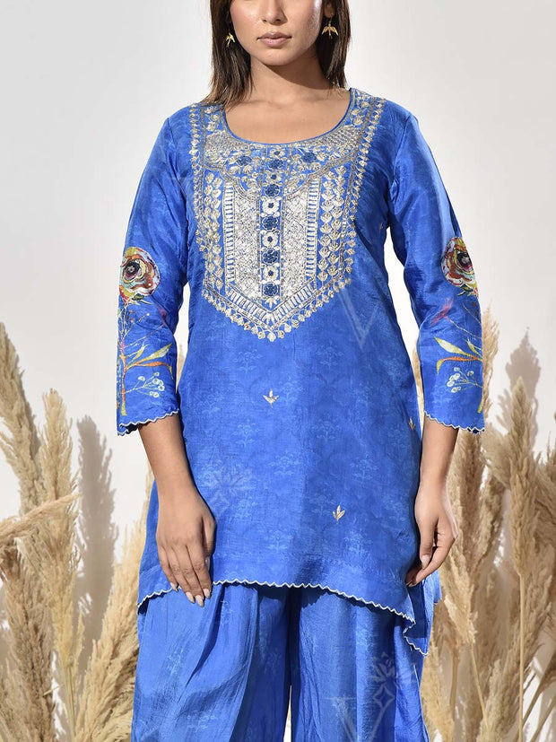 Blue Vasansi Silk Embroidered Kurta and Dhoti Pants Set