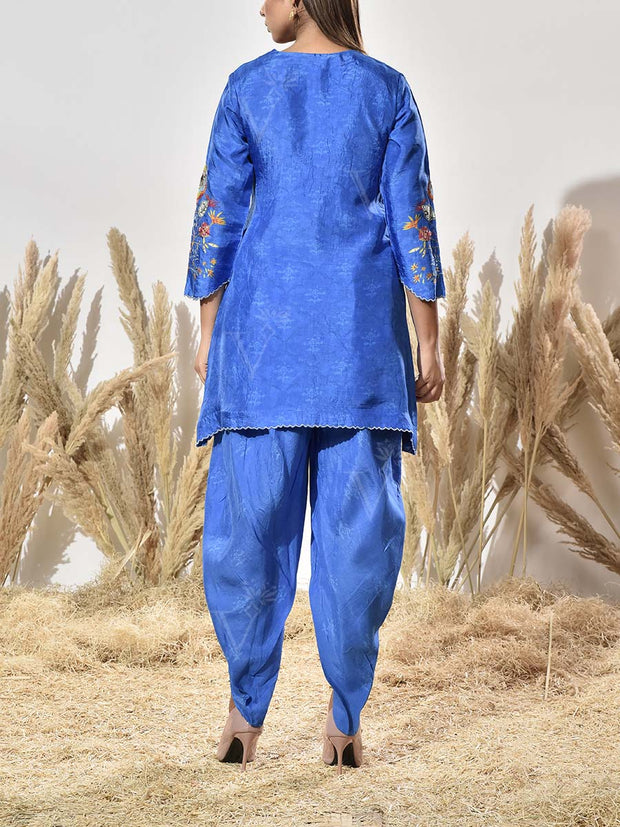 Blue Vasansi Silk Embroidered Kurta and Dhoti Pants Set