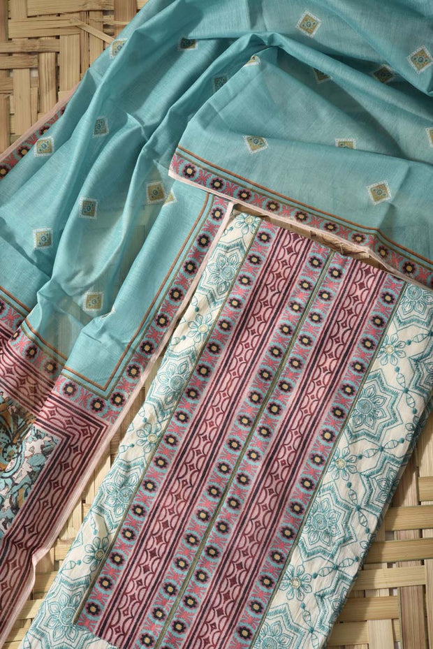 Cream & Green Cotton Dress Material