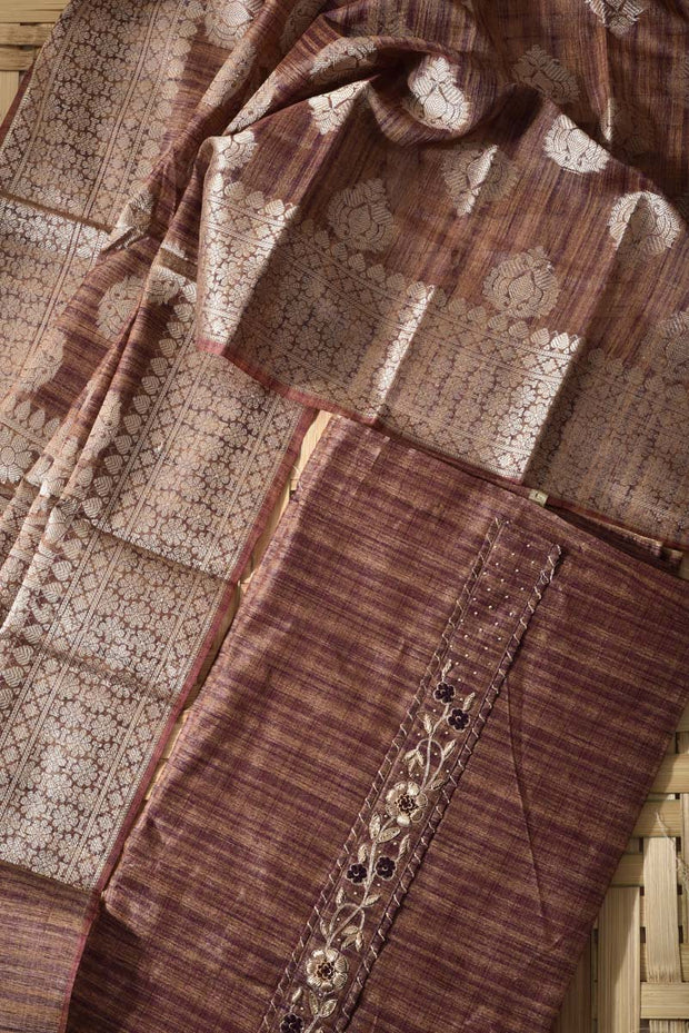 Brown Chanderi Cotton Dress Material